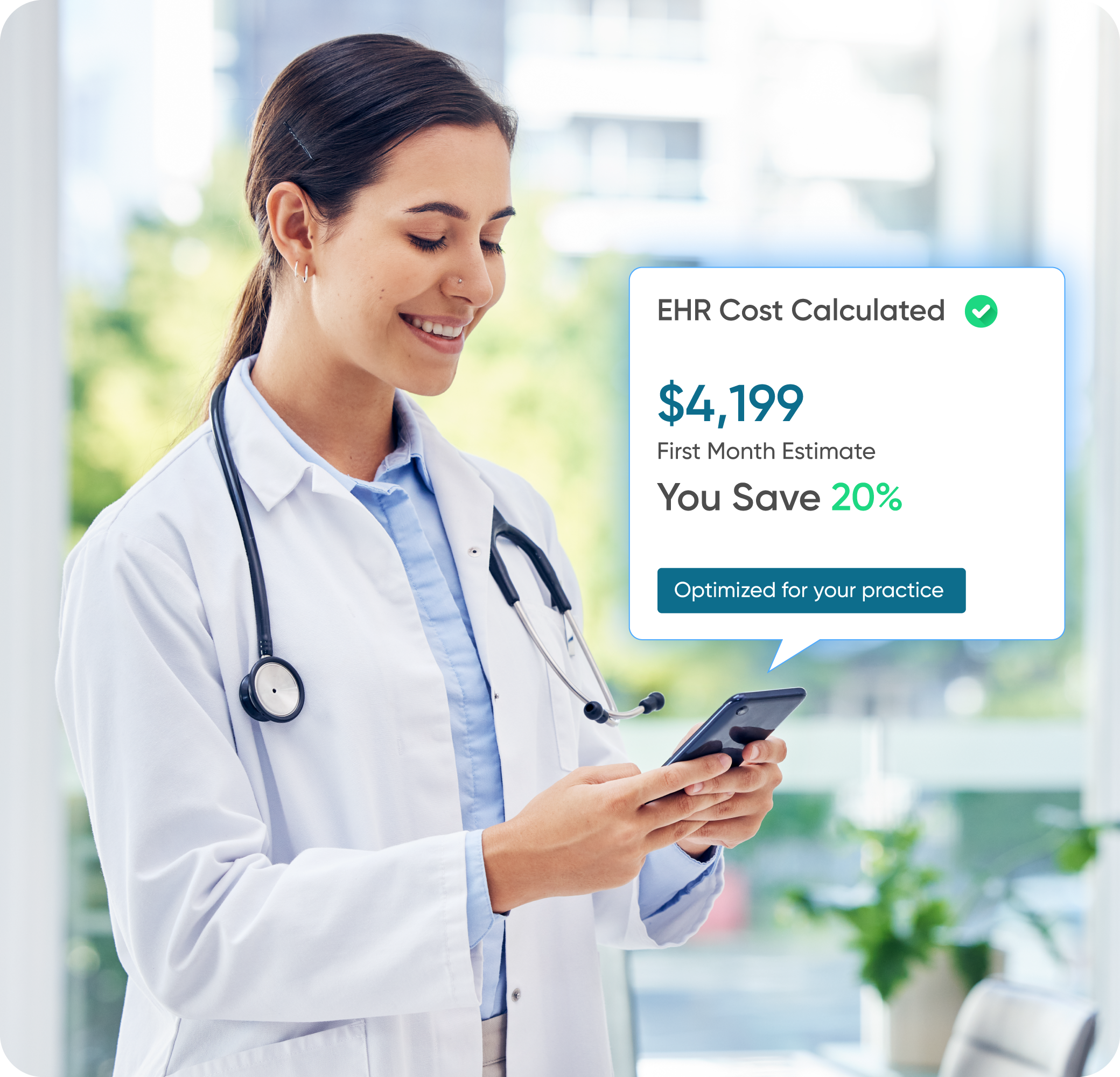 Healthcare professional reviewing EHR savings on mobile